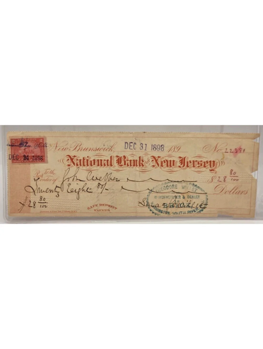 1898 National Bank of New Jersey Check New Brunswick Revenue Stamp Antique